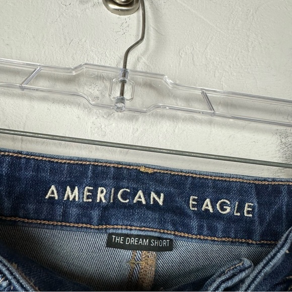 American Eagle Shorts Denim Jean Midi The Dream Dark Wash Blue Solid Ripped Knit - Picture 5 of 7